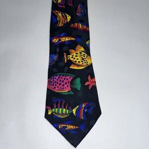 Addiction Hand Made Tropical Fish Tie Navy Colorful 100% Silk 3.75 x 63 in